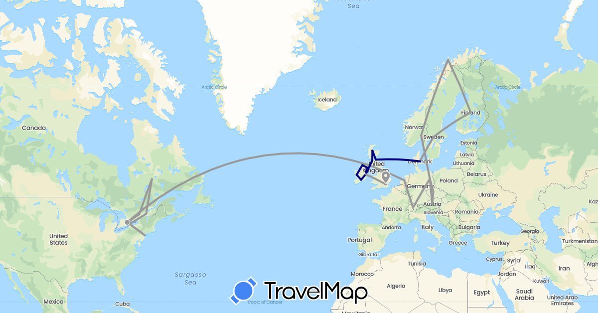TravelMap itinerary: driving, plane in Austria, Canada, Switzerland, Czech Republic, Germany, Denmark, Finland, United Kingdom, Ireland, Netherlands, Norway, Sweden, United States (Europe, North America)